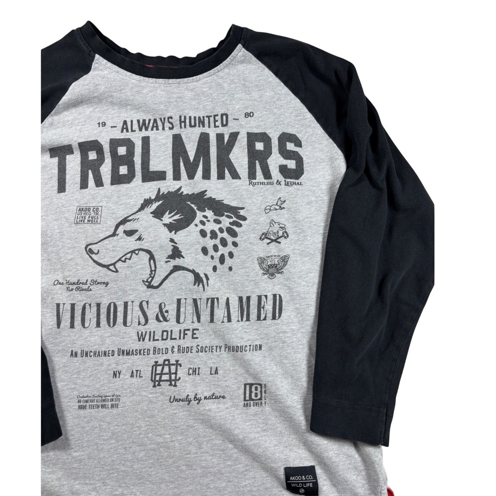 AKOO Wild Life TRBLMKRS Raglan Graphic Tee Grey Black Mens 2XL Long Sleeve